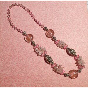 Vintage Pink Beaded Glass Acrylic Necklace Silver Accents Handmade Artisan